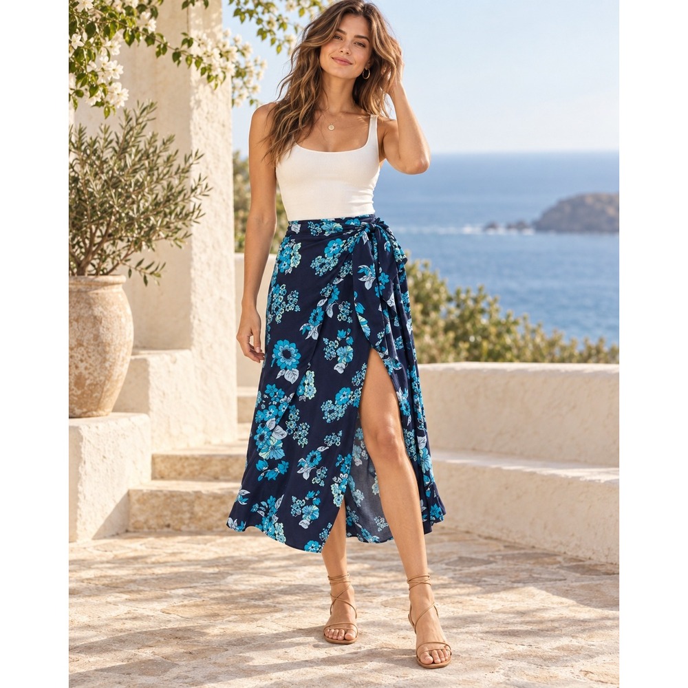 Free People Women's 4 Sunray Sarong Blue Floral Wrap Midi Skirt